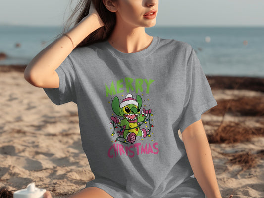 Merry Christmas Alien with Lights Graphic T-Shirt