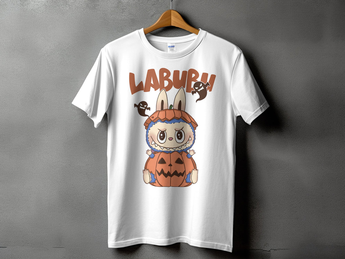 White t-shirt with a "LABURM" graphic featuring a pumpkin monster and ghosts.