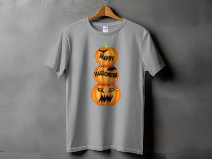 Grey t-shirt with stacked pumpkins graphic and text "HAPPY HALLOWEEN".