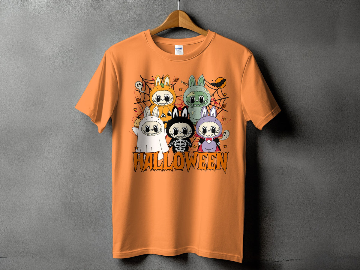 Orange t-shirt with cartoon Halloween characters and text.