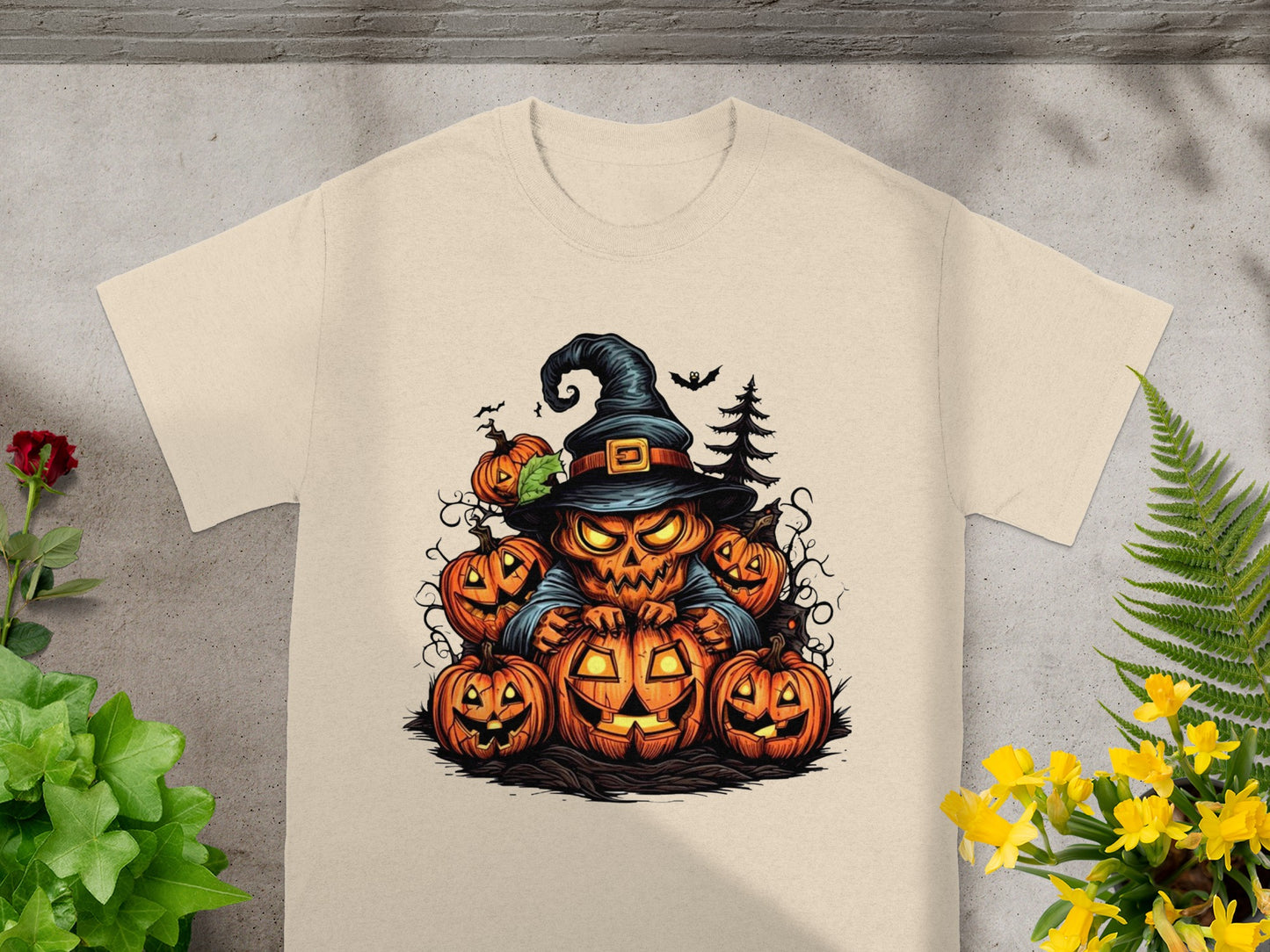 Scary jack-o'-lantern with witch hat surrounded by pumpkins and bats.