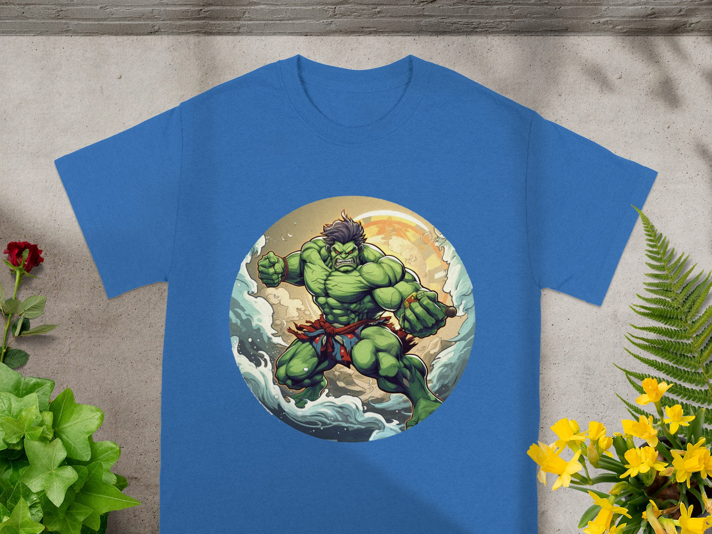 Hulk in a circular, cloudy, sandy background, wearing red shorts.