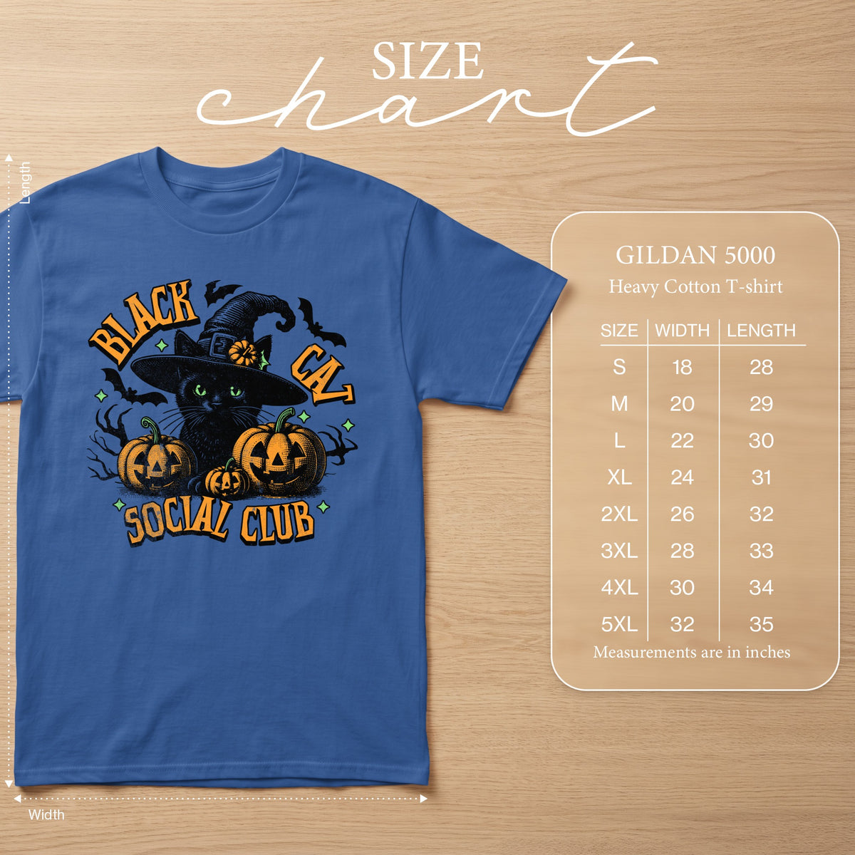 Blue t-shirt with "Black Cat Social Club" Halloween graphic and Gildan size chart.
