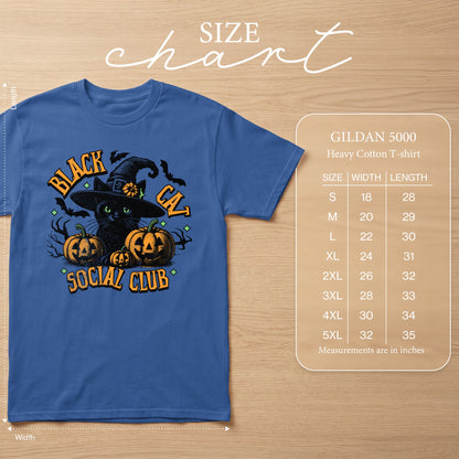 Blue t-shirt with "Black Cat Social Club" Halloween graphic and Gildan size chart.