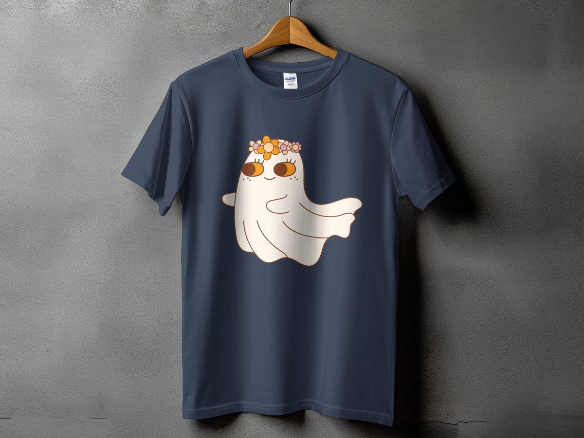 Navy t-shirt with a cute ghost wearing a flower crown graphic.