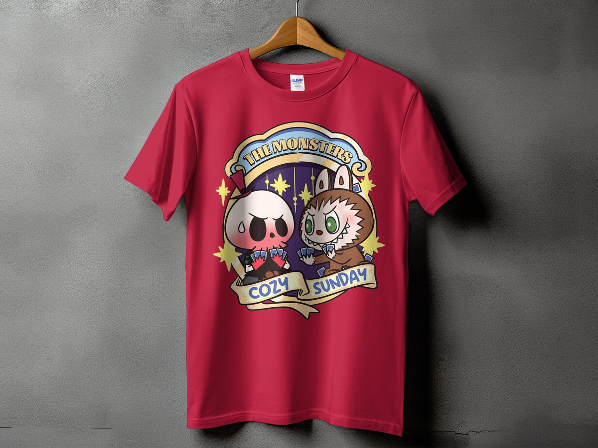 Red t-shirt with a circular graphic of a skull and monster playing cards.