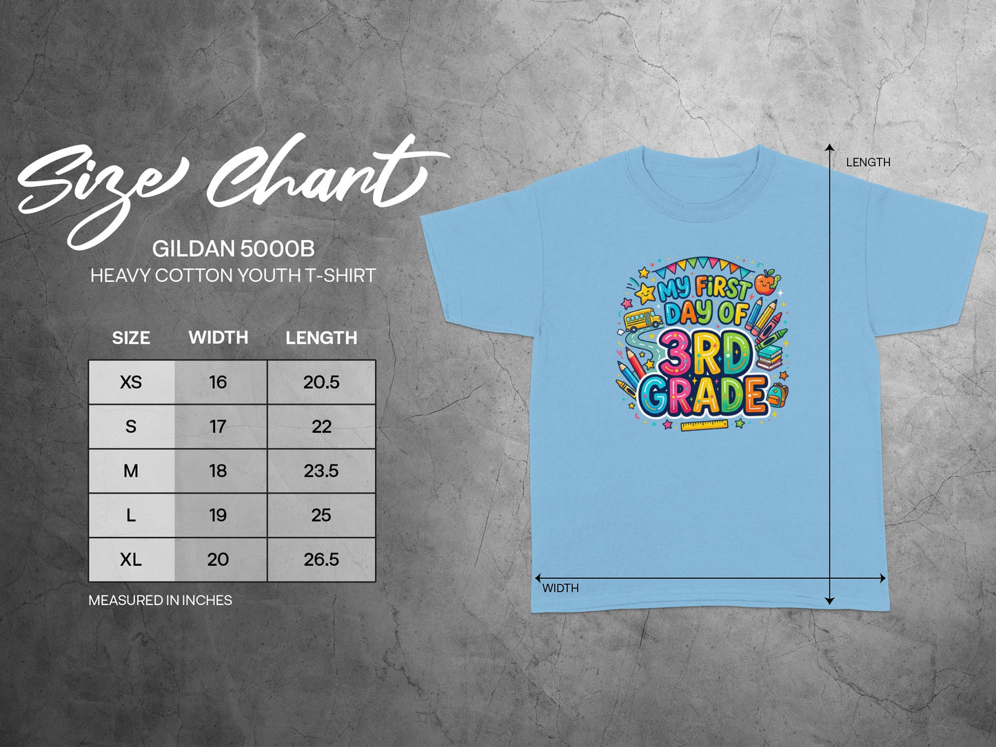 Light blue Gildan 5000B youth t-shirt size chart showing width and length.