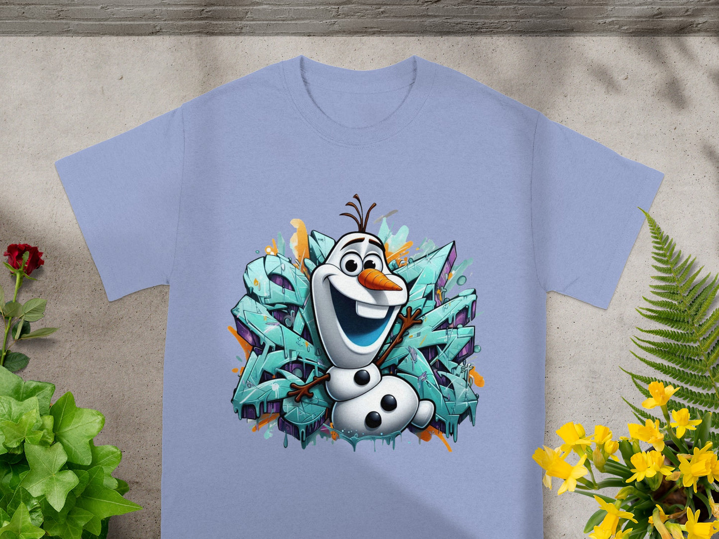 Olaf the snowman t-shirt with graffiti background.