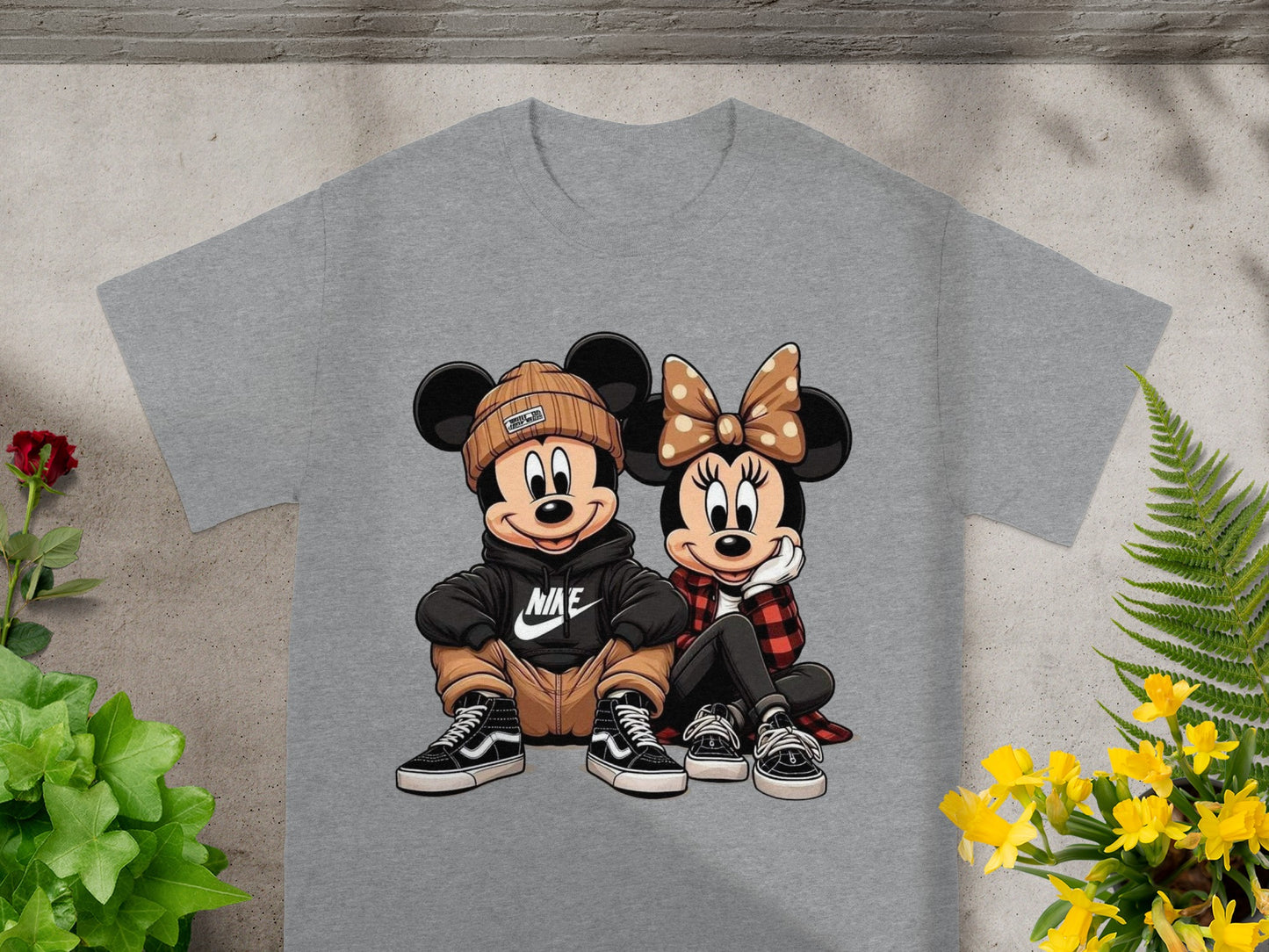 Mickey and Minnie Mouse on a grey t-shirt, wearing streetwear.
