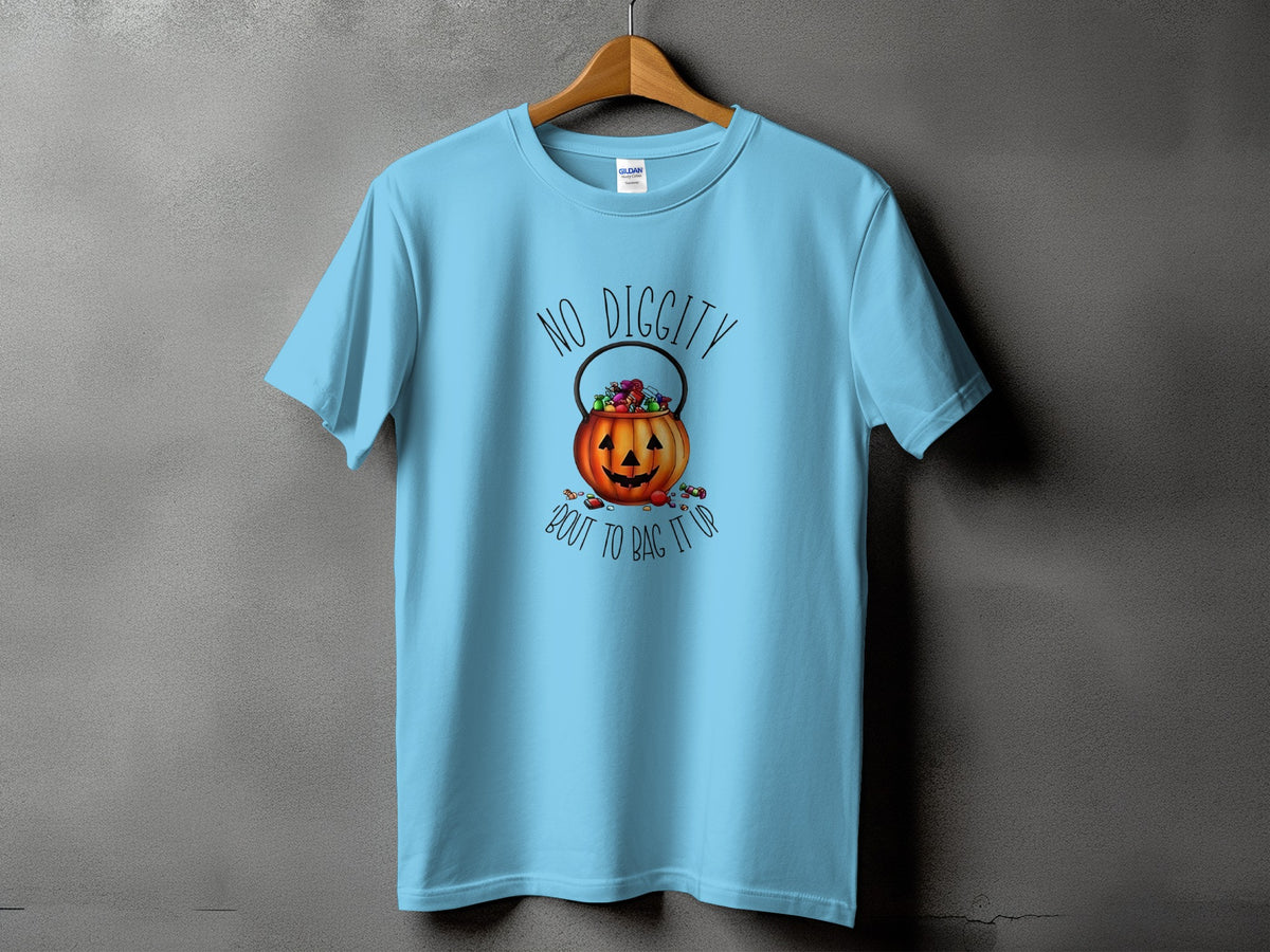 Light blue t-shirt with "No Diggity 'Bout To Bag It Up" Halloween graphic.