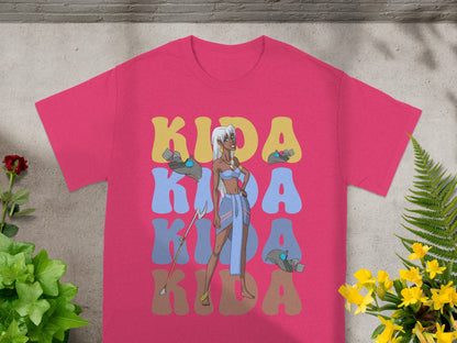 Kida Nedakh from Atlantis standing with a staff, "Kida" text.