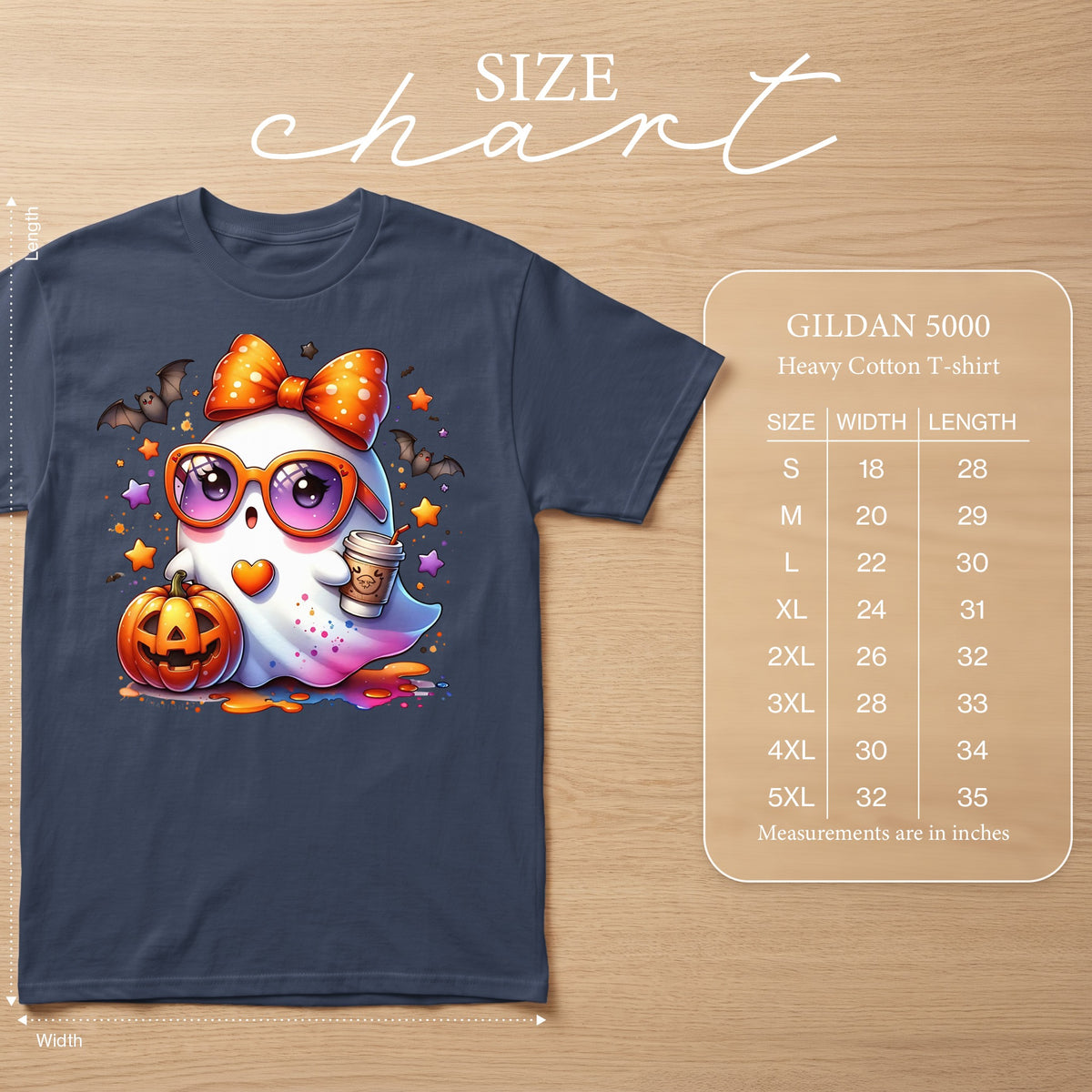 Size chart for Gildan 5000 heavy cotton t-shirt with ghost graphic.