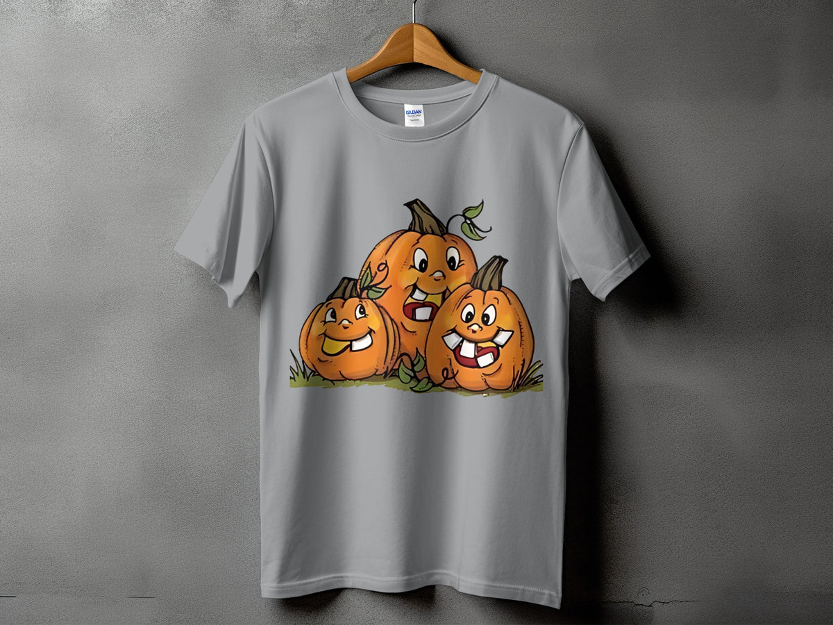 Gray t-shirt with a cartoon drawing of three happy pumpkins with leaves.