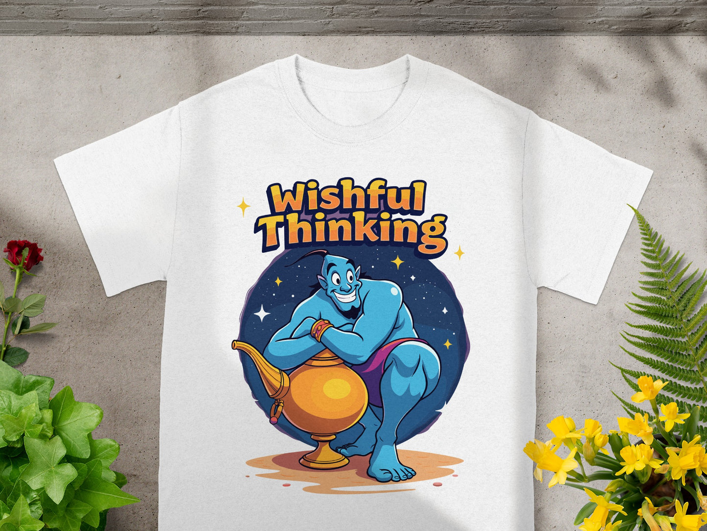 Genie and lamp graphic on a white t-shirt, text says "Wishful Thinking".