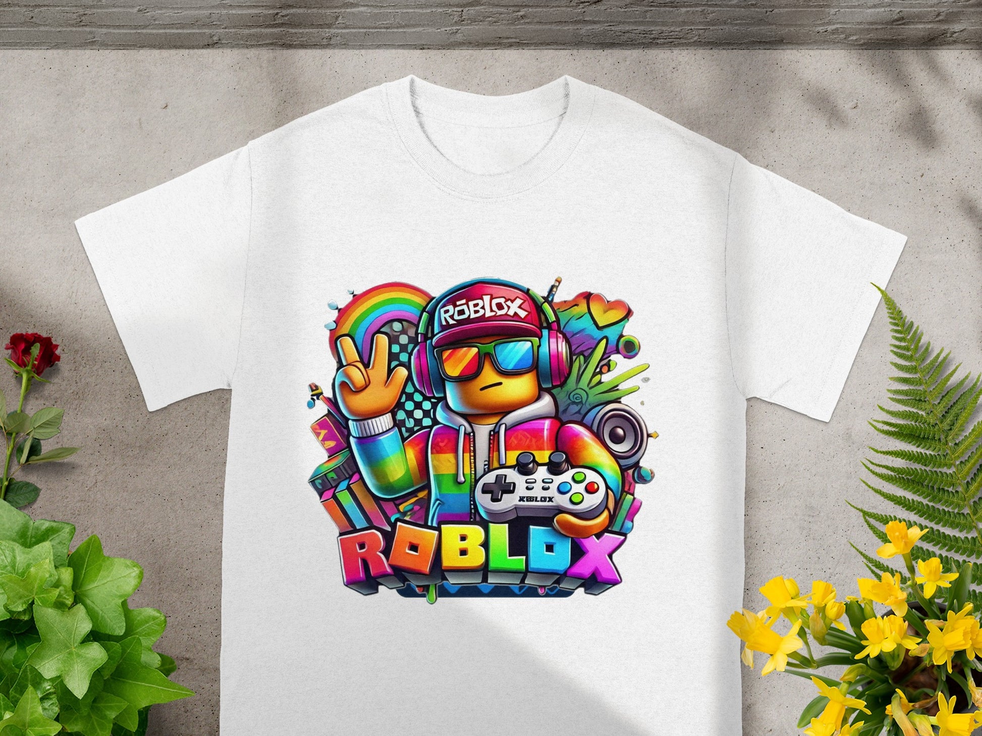 Roblox character in colorful outfit with headphones and game controller on white t-shirt.