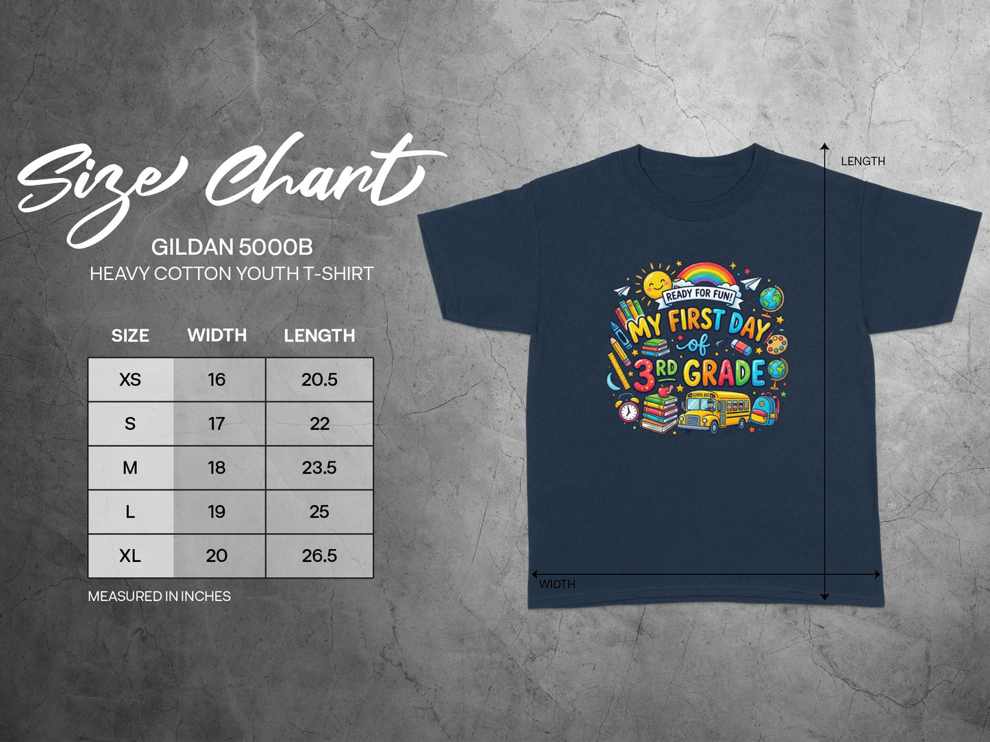 Navy youth t-shirt size chart for Gildan 5000B with "My First Day of 3rd Grade" graphic.