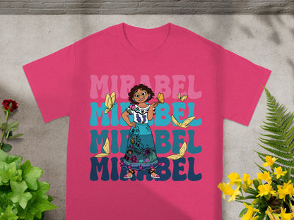 Mirabel from Encanto on a pink t-shirt with butterflies and colorful text.