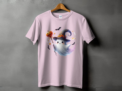 Pink t-shirt with a cute ghost character holding a pumpkin on a stick.