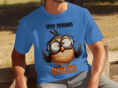 Good Morning Cluckers Owl Funny Blue T-Shirt