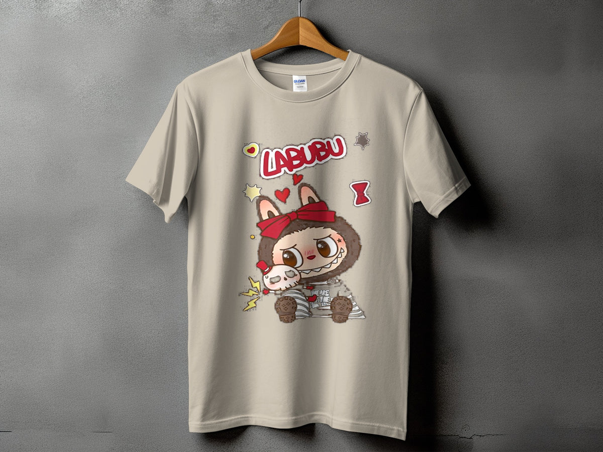 Labubu character on a tan t-shirt with red bow and hearts graphic.