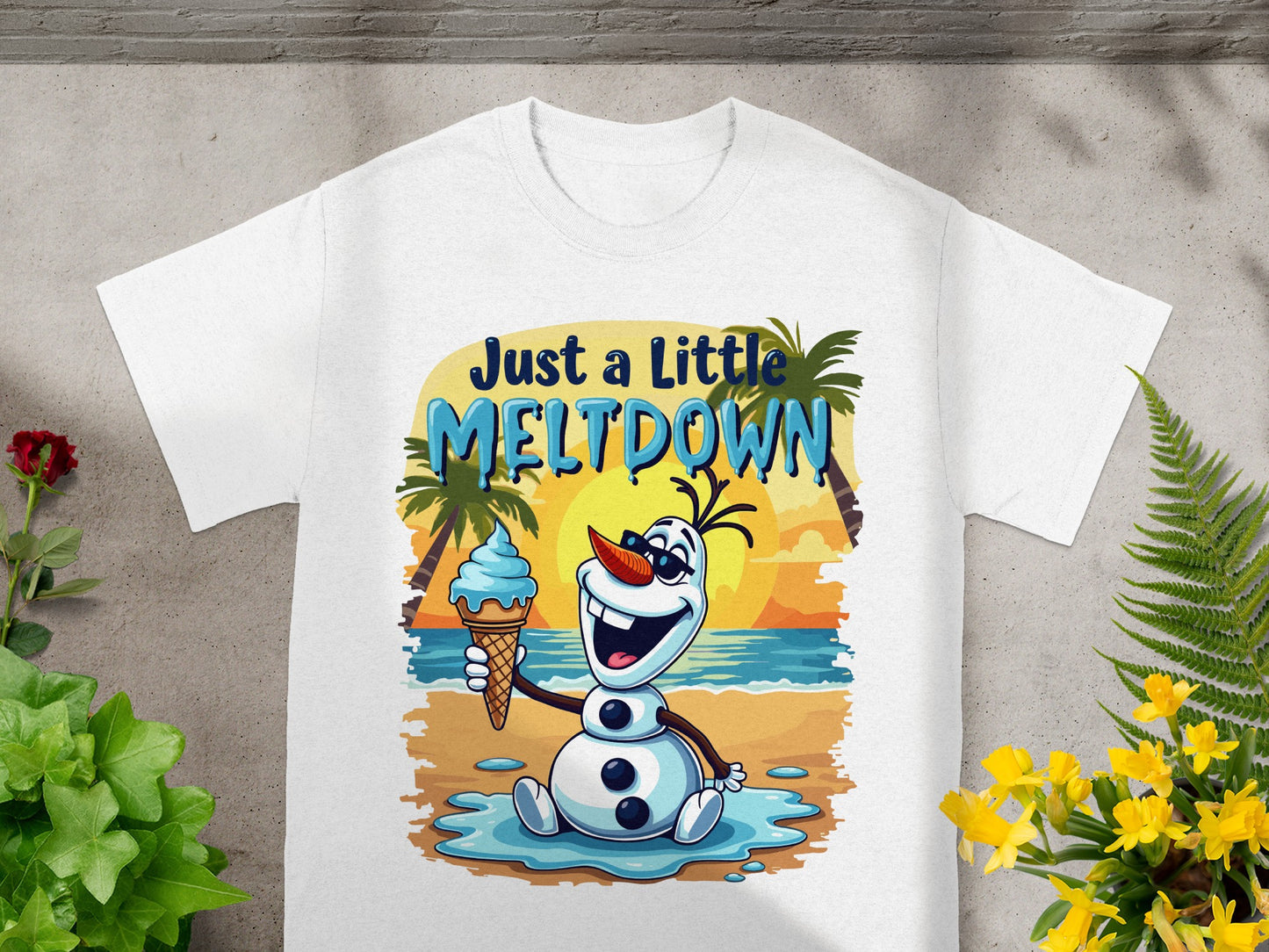 White t-shirt with Olaf holding an ice cream cone and "Just A Little MELTDOWN" text.