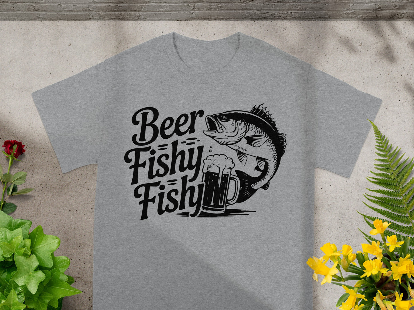 Grey t-shirt with "Beer Fishy Fishy" text and a bass fish next to a beer mug.