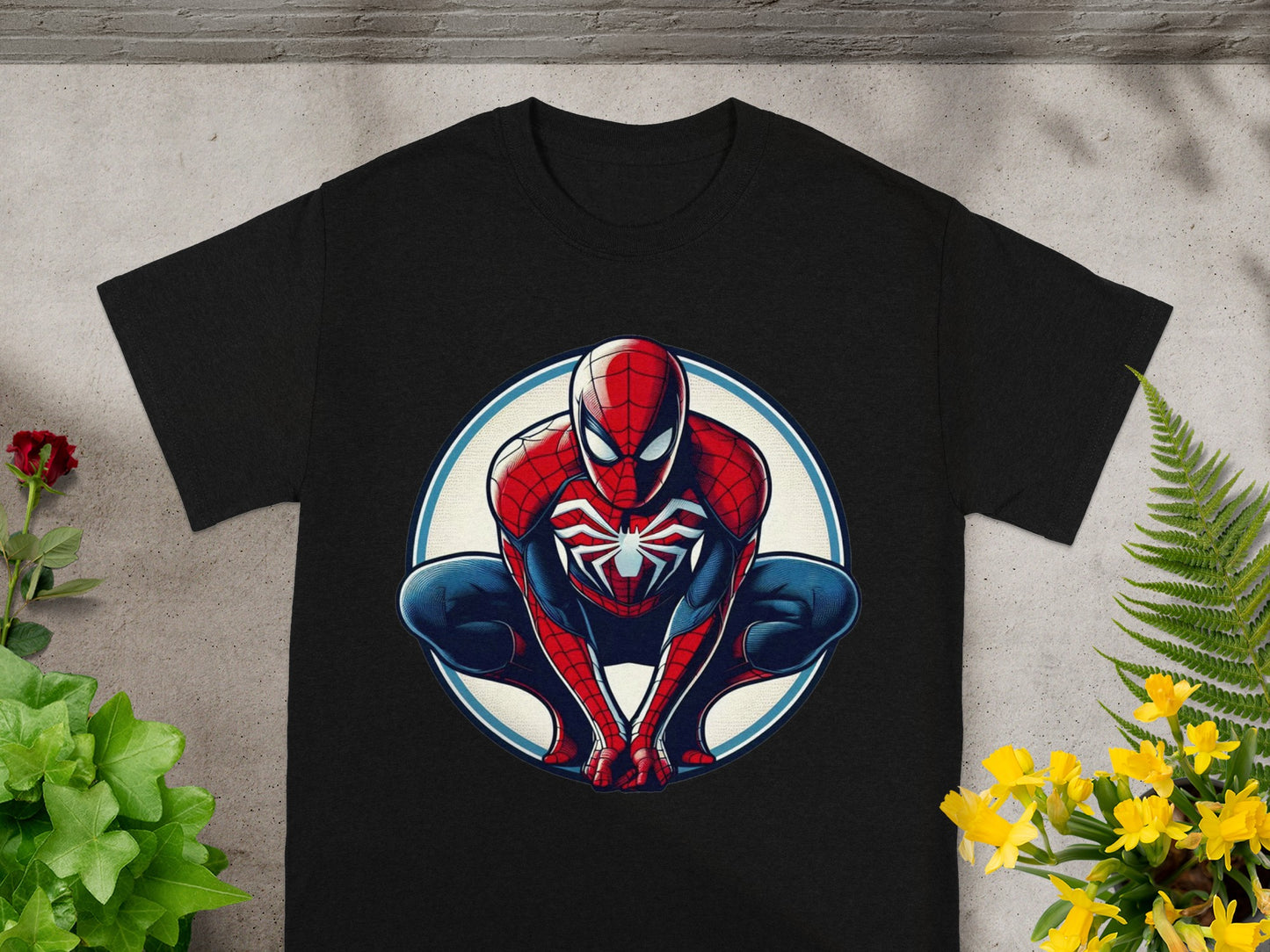 Black t-shirt with Spider-Man crouched inside a blue and white circle.