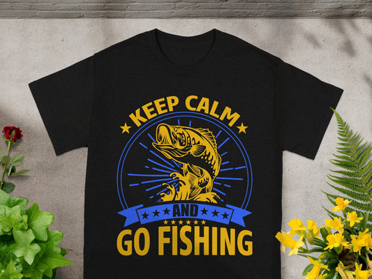 Black t-shirt with yellow text "KEEP CALM AND GO FISHING" and a leaping bass graphic.