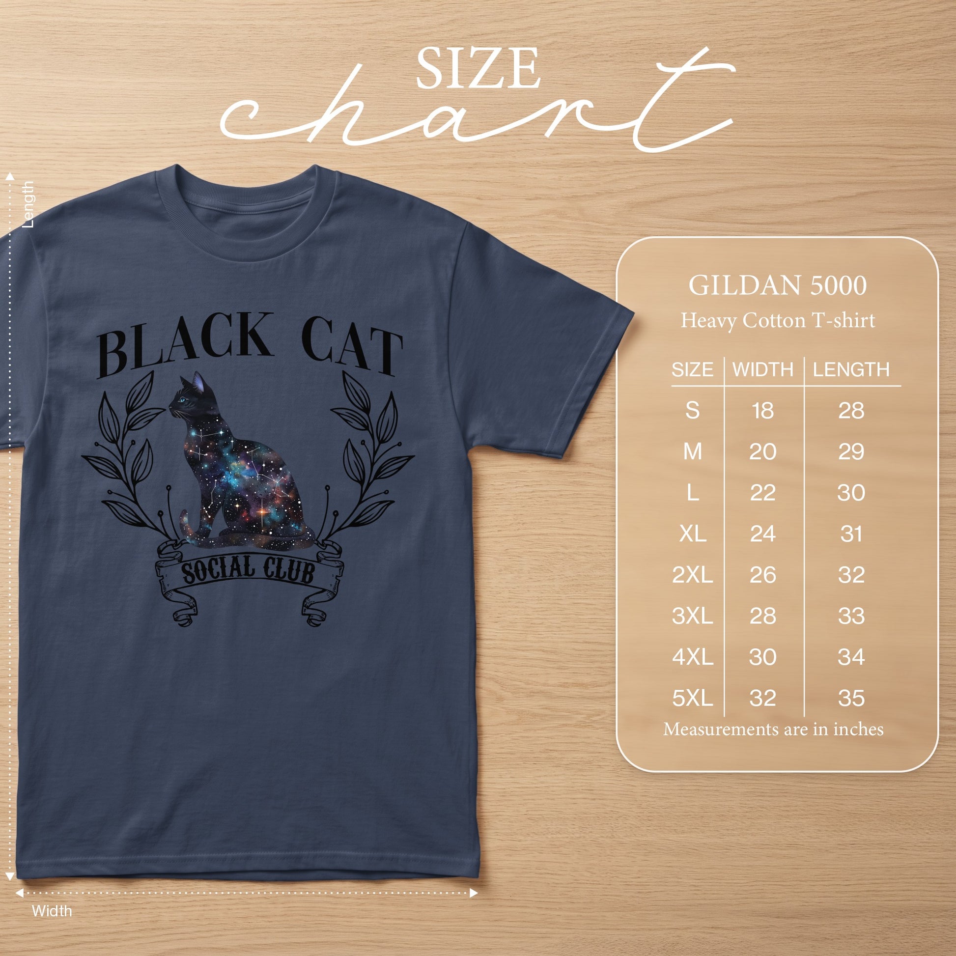 Gildan 5000 heavy cotton t-shirt featuring a galaxy cat with "Black Cat Social Club" text.