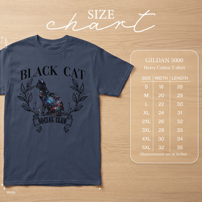 Gildan 5000 heavy cotton t-shirt featuring a galaxy cat with "Black Cat Social Club" text.