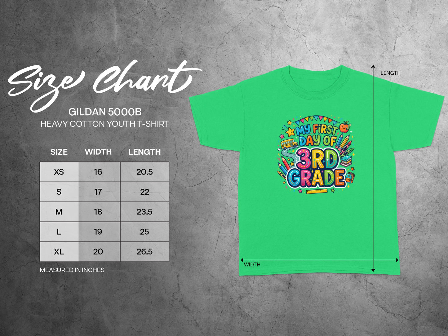 Green youth t-shirt with "My First Day of 3rd Grade" graphic and size chart.