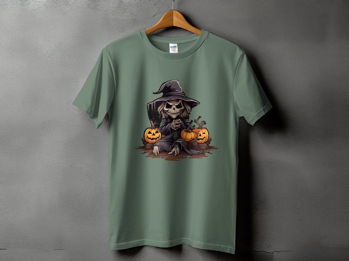 T-shirt with Grim Reaper character and pumpkins illustration.