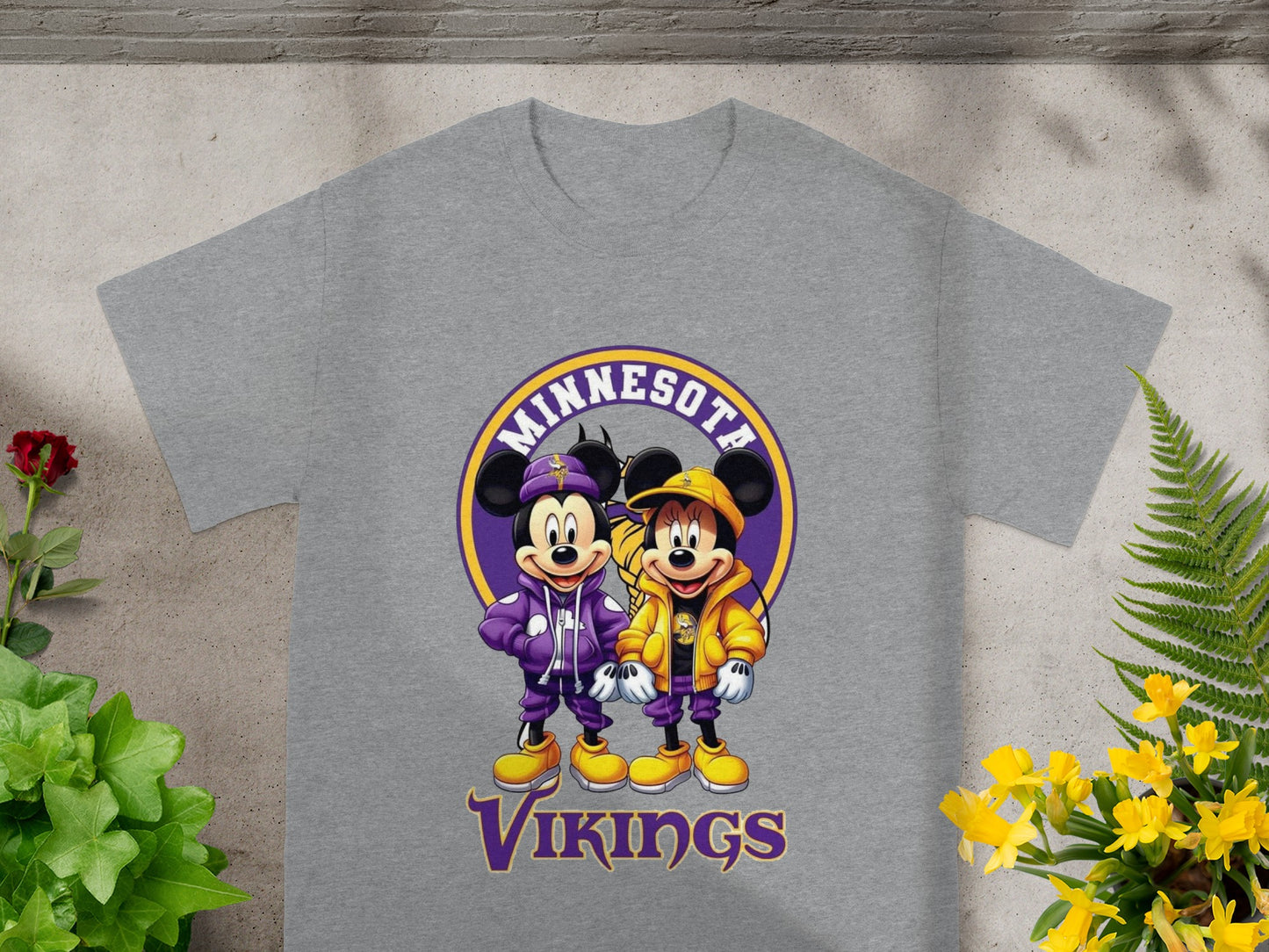 Mickey and Minnie Mouse in Vikings jackets and hats, with "Minnesota Vikings" text.