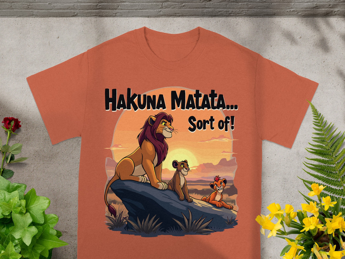 Orange t-shirt with Simba, Timon, and Pumbaa and text "Hakuna Matata... Sort of!".