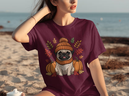 Cute Pug in Autumn Outfit Printed Maroon T-Shirt