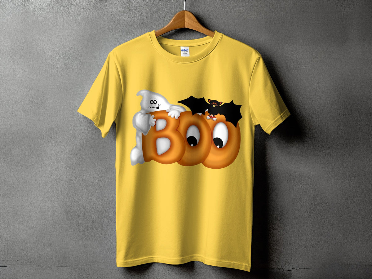 Yellow t-shirt with cartoon ghost, bat, and "BOO" text graphic.