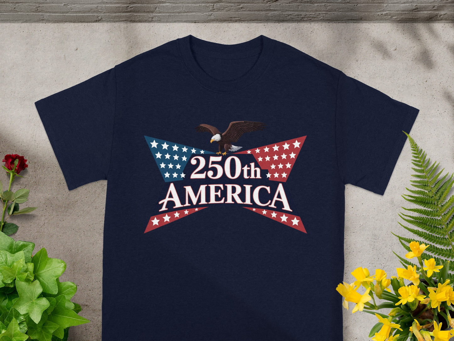 Navy t-shirt with "250th America" in stars and stripes design, topped by eagle.