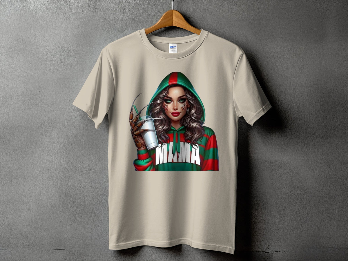 T-shirt with graphic of woman in striped hoodie holding drink, text reads "MAMA".