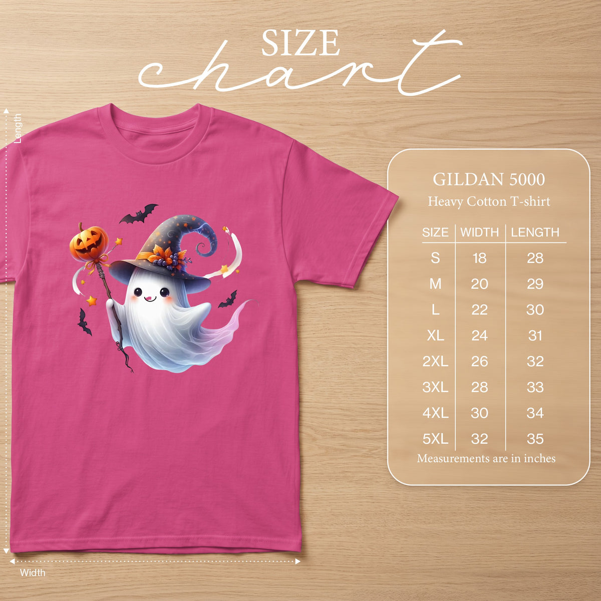 Pink Gildan 5000 t-shirt with a witch ghost graphic and size chart.