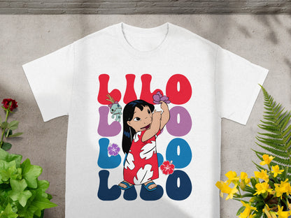 White t-shirt featuring Lilo & Stitch graphic with bold "Lilo" text.