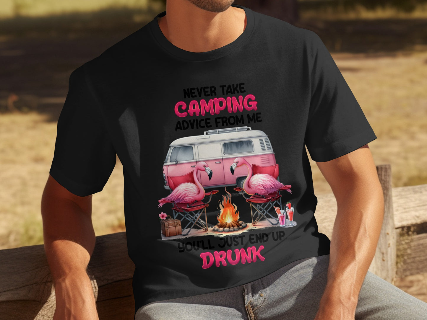 Never Take Camping Advice Funny Flamingo Drunk T-Shirt