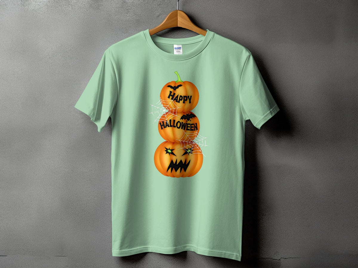 Light green t-shirt with stacked pumpkins reading "Happy Halloween."