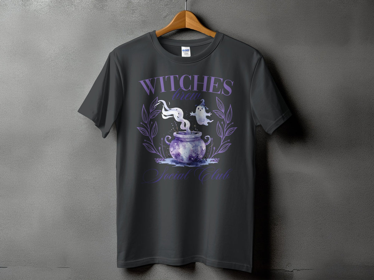 Dark gray t-shirt with purple "Witches Brew Social Club" graphic.