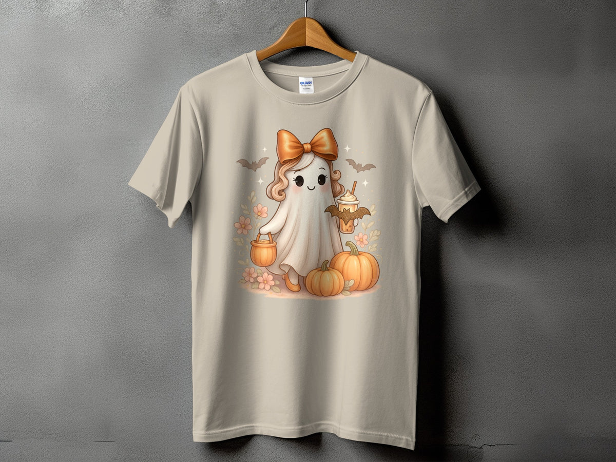 Cute ghost with bow holding a coffee, surrounded by pumpkins and bats.