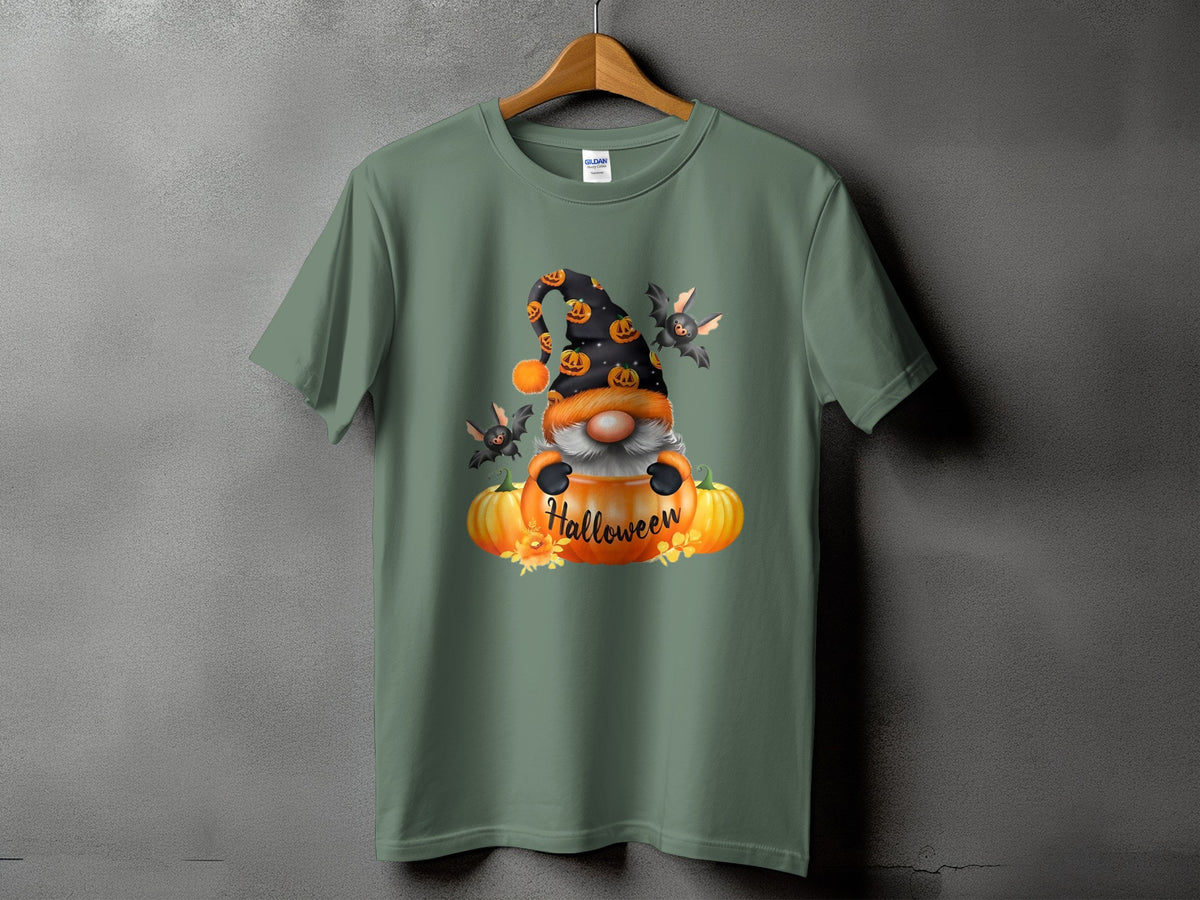 Gnome on pumpkins with bats and text "Halloween" on a t-shirt.