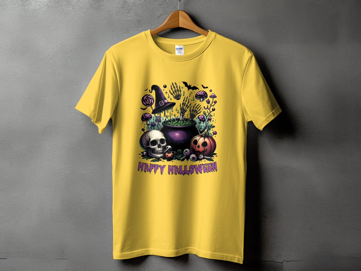 Yellow t-shirt with a Halloween graphic featuring a cauldron, skull, pumpkin, and text.