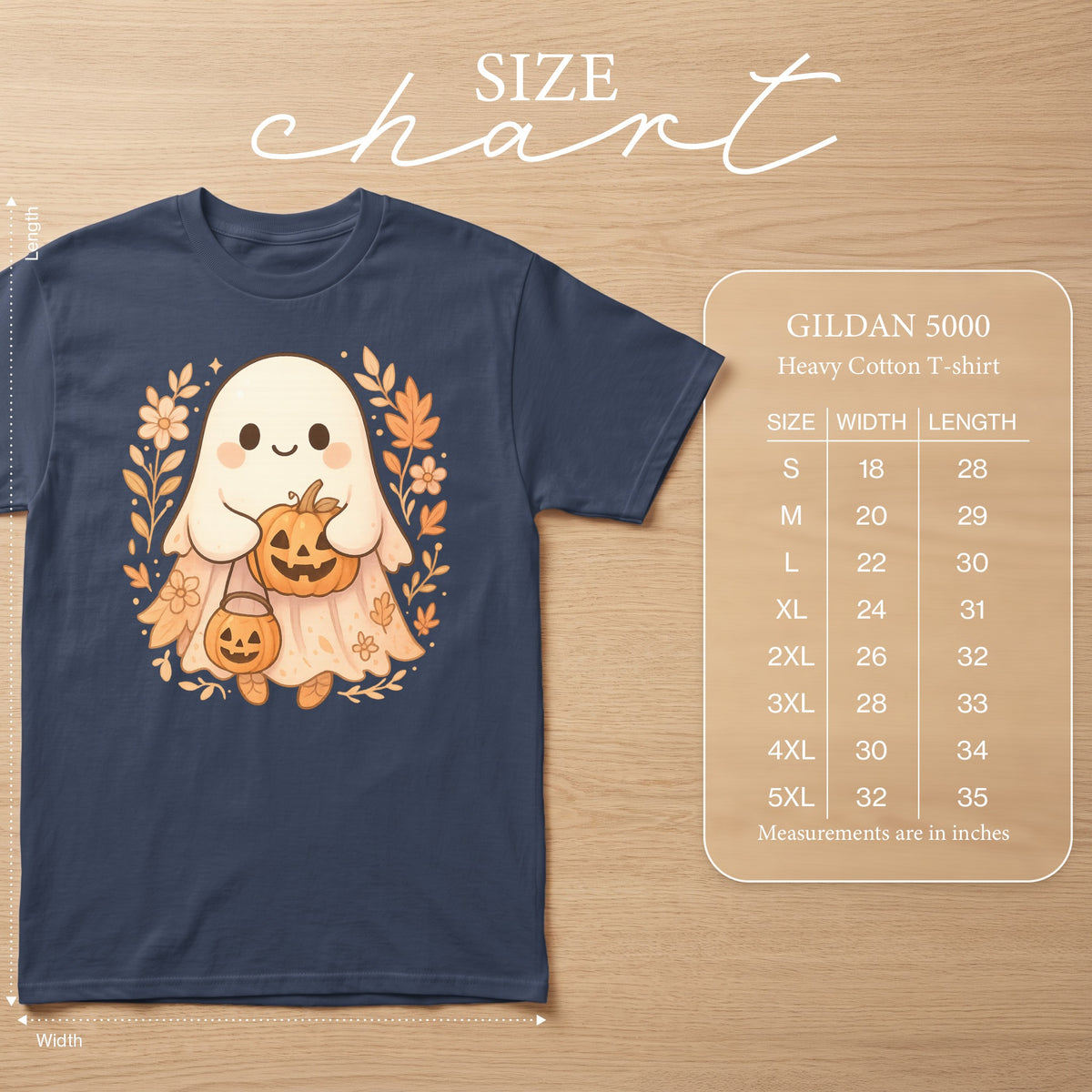 Navy t-shirt with cute ghost holding pumpkins, and Gildan 5000 size chart.