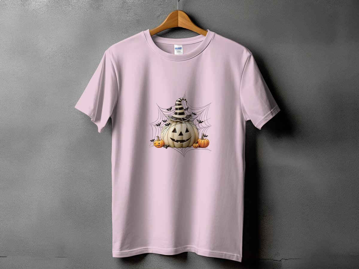 Pink t-shirt with jack-o'-lantern, pumpkins, bats, and cobweb graphic.