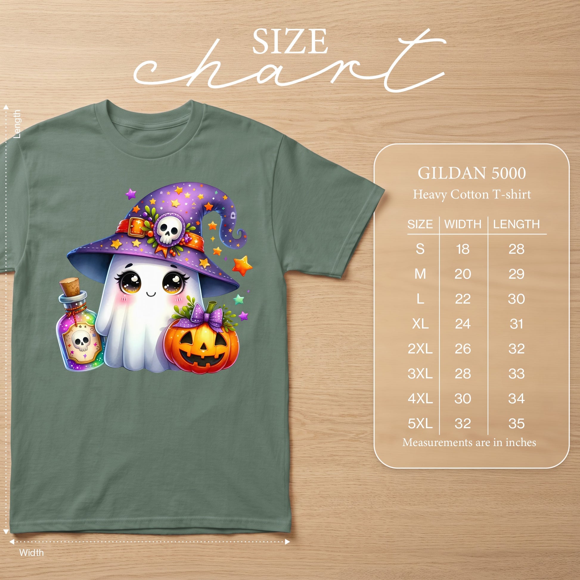 Green Gildan 5000 t-shirt with cute ghost, pumpkin, and potion Halloween graphic. Size chart included.