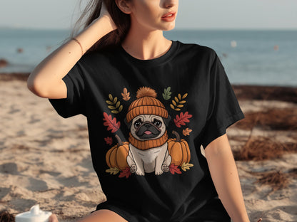 Adorable Pug in Autumn Attire Black T-shirt Product
